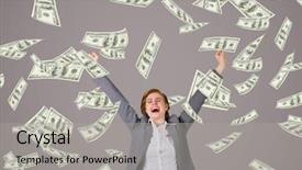  Presentation with purple business - PPT theme featuring career success women color - excited business woman with money background and a light gray colored foreground