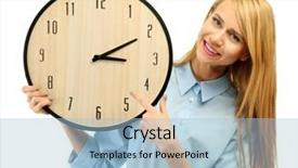  Presentation with clock - Cool new presentation with career timeline - young attractive woman holds backdrop and a light blue colored foreground
