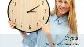  Presentation with clock - PPT theme consisting of career timeline - young attractive woman holds background and a light blue colored foreground