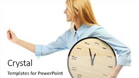  Presentation with clock - Cool new presentation theme with career timeline - young attractive woman holds backdrop and a white colored foreground