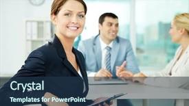  Presentation with camera - Presentation design with career woman - beautiful businesswoman looking at camera background and a ocean colored foreground