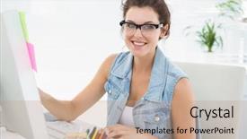  Presentation with hands of anonymous hackers typing - PPT theme with career woman - smiling casual businesswoman typing background and a  colored foreground