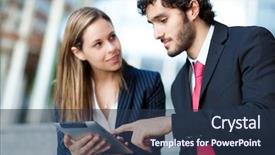  Presentation with blue and orange business people - Cool new slide set with career women ladders - two business people looking backdrop and a  colored foreground