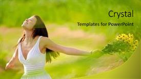  Presentation with freedom - PPT theme having carefree adorable girl with arms background and a gold colored foreground