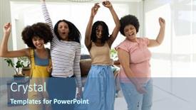  Presentation with living room - PPT theme featuring carefree-biracial-female-friends-dancing background and a ocean colored foreground