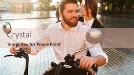  Presentation with rides - Colorful PPT theme enhanced with carefree business couple rides on modern motorbike in park and looking away backdrop and a coral colored foreground