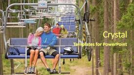  Presentation with lift - Presentation with carefree couple traveling by chair lift with bicycle background and a tawny brown colored foreground