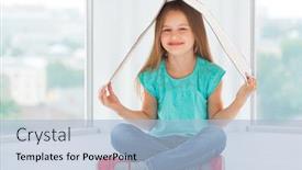  Presentation with shipping - Slide set consisting of carefree little pretty girl makes roof from shipping box background and a light blue colored foreground