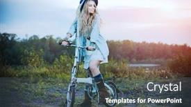  Presentation with rides - Presentation theme with carefree smiling girl in boho style clothes rides a bicycle beauty fashion summertime background and a ocean colored foreground