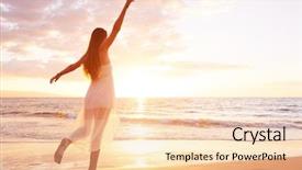  Presentation with sunset beach - Beautiful PPT layouts featuring carefree woman dancing at sun backdrop and a  colored foreground