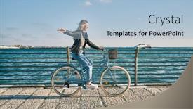  Presentation with man riding big bike motor - PPT theme having carefree-woman-with-bike-riding background and a light blue colored foreground