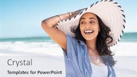  Presentation with five sided blue to white - Presentation consisting of carefree-woman-with-white background and a light blue colored foreground