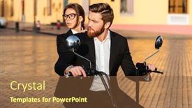  Presentation with motorbike - Colorful PPT theme enhanced with careful business couple rides on modern motorbike in park and looking away backdrop and a tawny brown colored foreground