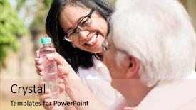  Presentation with water treatment spare parts - Slides with vigils - careful senior woman giving background and a coral colored foreground