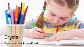  Presentation with worried young female college student - Slide deck having carefully working in her copybook background and a lemonade colored foreground