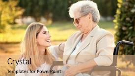  Presentation with nurse care - Theme having caregiver - senior woman in wheelchair background and a coral colored foreground