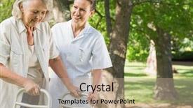  Presentation with walker - PPT theme having caregiver - smiling young female assisting mature background and a coral colored foreground