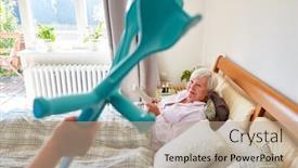  Presentation with senior citizen - PPT layouts enhanced with caregiver-brings-crutches background and a coral colored foreground