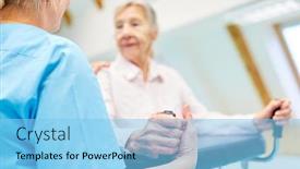  Presentation with caregiver - Presentation featuring caregiver cares for and consoles senior woman in physiotherapy at retirement home background and a light blue colored foreground