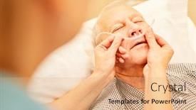 Presentation with checks - Cool new slide set with caregiver checks the oxygen goggles on a sick senior man backdrop and a coral colored foreground