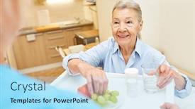 Presentation with senior citizen - Beautiful PPT theme featuring caregiver-delivers-healthy-breakfast backdrop and a light blue colored foreground