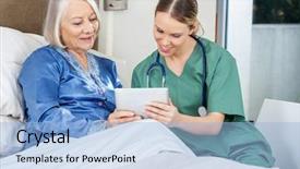  Presentation with elderly home - Cool new slides with caregiver elderly patient - female caretaker and senior woman backdrop and a light blue colored foreground