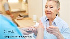  Presentation with senior citizen - Presentation featuring caregiver-gives-senior-woman background and a light blue colored foreground