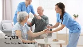  Presentation with caregiver - Presentation design featuring caregiver giving glass of water background and a coral colored foreground