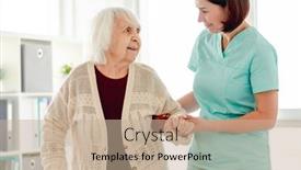  Presentation with caregiver - Colorful presentation design enhanced with caregiver-helping-elderly-woman backdrop and a coral colored foreground