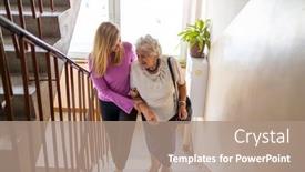  Presentation with caregiver - Audience pleasing presentation design consisting of caregiver-helping-senior-woman-climb backdrop and a coral colored foreground