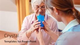  Presentation with water cup - Colorful presentation theme enhanced with caregiver helping senior woman drinking giving her a cup of water and holding it backdrop and a coral colored foreground