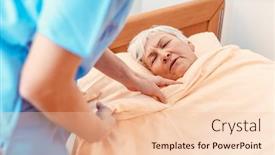  Presentation with caregiver - Presentation with caregiver pulling blanket over sleeping senior in pensioners home for better sleep background and a lemonade colored foreground