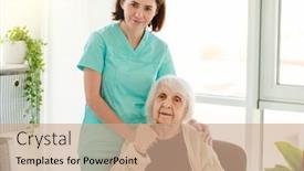  Presentation with caregiver - Presentation theme featuring caregiver-standing-beside-elderly-woman background and a coral colored foreground