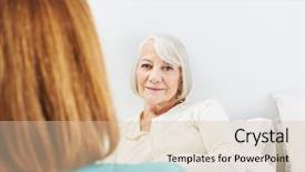 Presentation with caregiver - Presentation design with caregiver talking to bedridden senior background and a  colored foreground