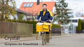  Presentation with cargo - Amazing PPT theme having cargo bike carrying out mail backdrop and a coral colored foreground