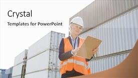  Presentation with shipping - PPT theme with cargo container - female worker reading clipboard background and a white colored foreground