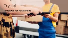  Presentation with courier delivery - Cool new PPT layouts with cargo delivery courier gives parcel to the client backdrop and a lemonade colored foreground
