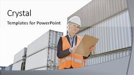 Presentation with shipping - Amazing slide deck having cargo inspection - female worker reading clipboard backdrop and a white colored foreground