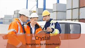  Presentation with workers compensation - Presentation theme enhanced with cargo inspection - workers discussing over clipboard beside background and a red colored foreground
