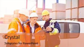  Presentation with discussing parents - PPT theme having cargo inspection - workers discussing over clipboard beside background and a gold colored foreground