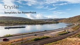  Presentation with cargo ship - PPT layouts consisting of cargo-ship-on-river-rhine background and a light blue colored foreground