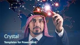  Presentation with world travel - Slide set with cargo vessels cargo flights - arab man in world travel background and a  colored foreground