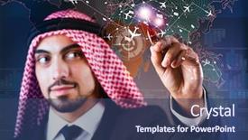  Presentation with world travel - Cool new presentation design with cargo vessels cargo flights - arab man in world travel backdrop and a  colored foreground