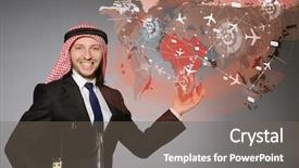  Presentation with world travel - Audience pleasing PPT layouts consisting of cargo vessels cargo flights - arab man in world travel backdrop and a  colored foreground