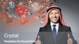  Presentation with world travel - Colorful PPT layouts enhanced with cargo vessels cargo flights - arab man in world travel backdrop and a  colored foreground