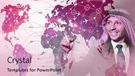  Presentation with world travel - Audience pleasing theme consisting of cargo vessels cargo flights - arab man in world travel backdrop and a  colored foreground