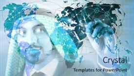  Presentation with world travel - Slide deck having cargo vessels cargo flights - arab man in world travel background and a  colored foreground