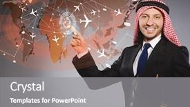  Presentation with world travel - Cool new presentation theme with cargo vessels cargo flights - arab man in world travel backdrop and a  colored foreground
