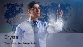  Presentation with facts and myths concept word - Theme having cargo vessels cargo flights - businessman in world transportation concept background and a  colored foreground