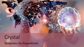  Presentation with facts and myths concept word - Colorful slides enhanced with cargo vessels cargo flights - businessman in world transportation concept backdrop and a  colored foreground